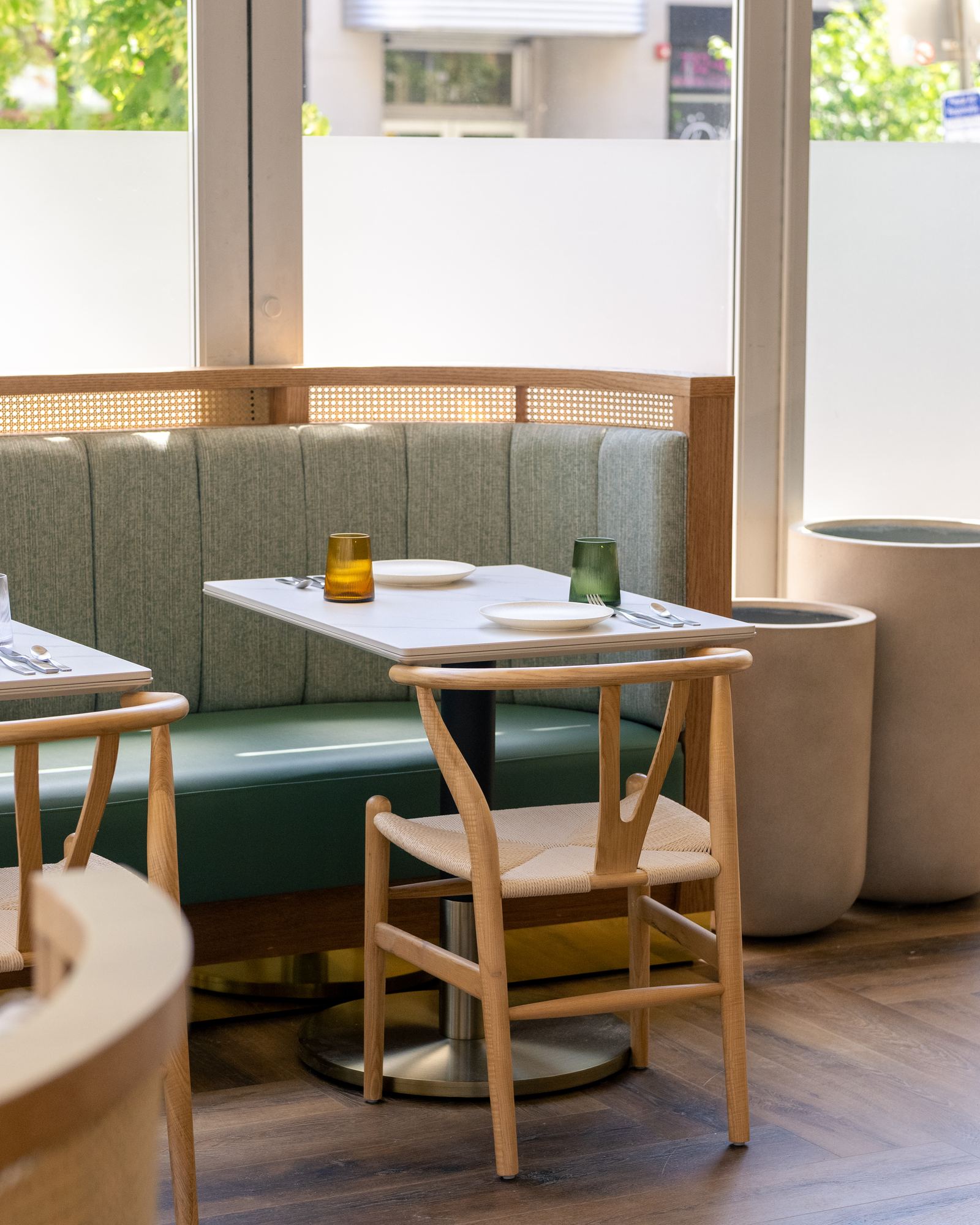 Banquette seating by the windows